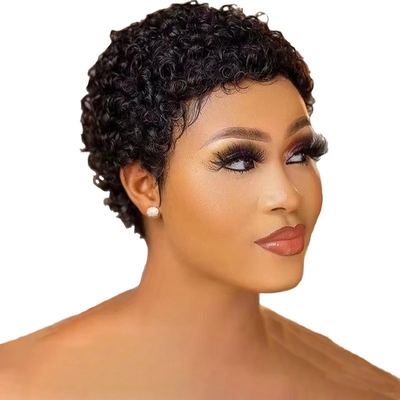 250% Densidad Pixie Corte de pelo humano rizado peluca con material base de encaje suizo