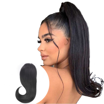 100% Clip de cabello humano en extensión de cola de caballo recto de 16 pulgadas virgen natural negro