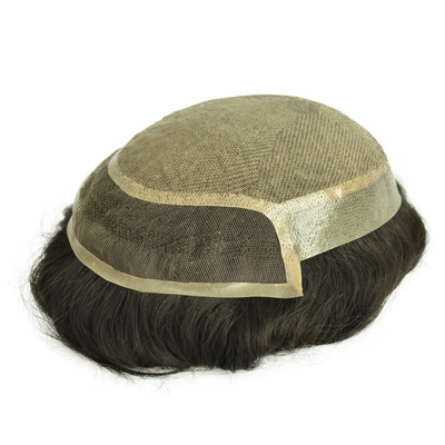 100% de verdadero cabello humano para hombres Toupee tejido a mano Parche de cabello invisible para calvicie con piel de PU y encaje suizo