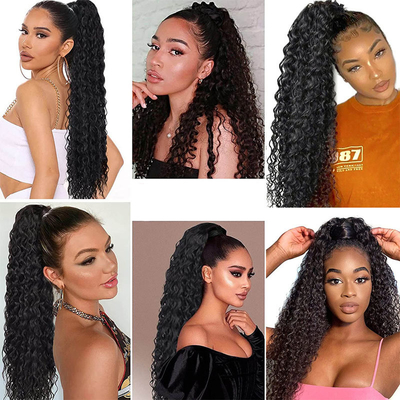 Vigorosa Verdadera Brasileña Pervertida Curly Envuelto Alrededor de cola de caballo Extensiones de Cabello Humano Negro