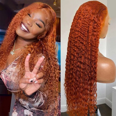 Suave y brillante color naranja jengibre color humano rizado rizado Remy peluca de pelo con encaje HD Frontal