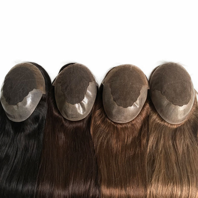 20 pulgadas de color marrón claro resalta el pelo humano Remy Toppers pelo brasileño Toupee encaje base PU