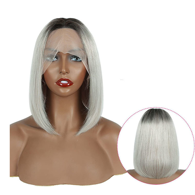 100% Cabello humano Ombre Gris Corto Bob Corte Pre Plucked HD encaje Perucas Frontales 250% Densidad