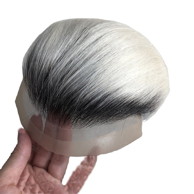 Cabello Remy Atado a mano Natural Ombre Sal y Pimienta Gris Pechos de cabello humano Toupee para hombres