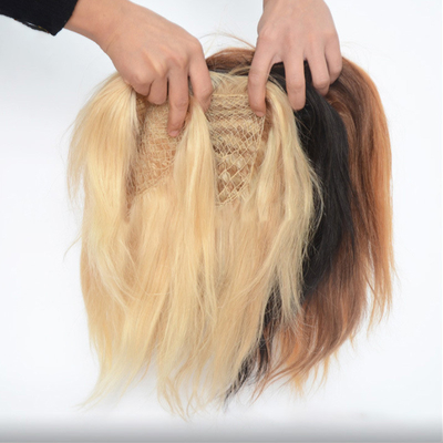 Cabello humano virgen europeo red de pescado piezas de cabello de bodas toupeo de cabello toppers clip en el suministro