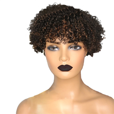 Pelucas de color marrón claro afro rizado Cuticula alineada cortos cortar el cabello de las hadas Pelucas de pelo humano con golpes