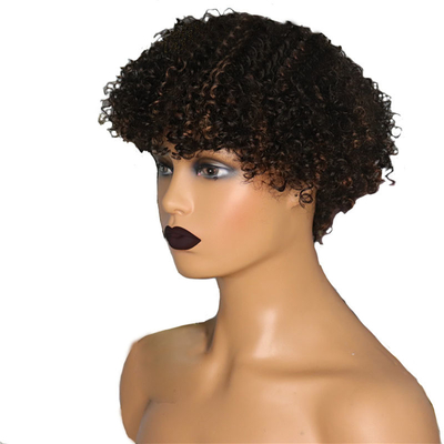 Pelucas de color marrón claro afro rizado Cuticula alineada cortos cortar el cabello de las hadas Pelucas de pelo humano con golpes