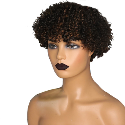 Pelucas de color marrón claro afro rizado Cuticula alineada cortos cortar el cabello de las hadas Pelucas de pelo humano con golpes