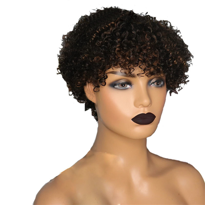 Pelucas de color marrón claro afro rizado Cuticula alineada cortos cortar el cabello de las hadas Pelucas de pelo humano con golpes