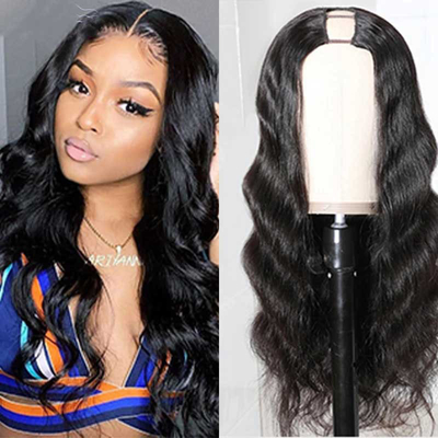 150% Densidad Brasileña Remy Cuerpo Cabello Ondulado U Parte Pelucas Medio Abierto para Mujeres Negras