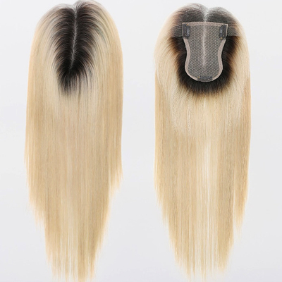 Básico de seda europeo de ceniza rubia recta clip en el cabello humano topper con encaje HD para mujeres