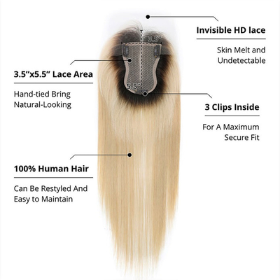 Básico de seda europeo de ceniza rubia recta clip en el cabello humano topper con encaje HD para mujeres