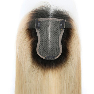 Básico de seda europeo de ceniza rubia recta clip en el cabello humano topper con encaje HD para mujeres