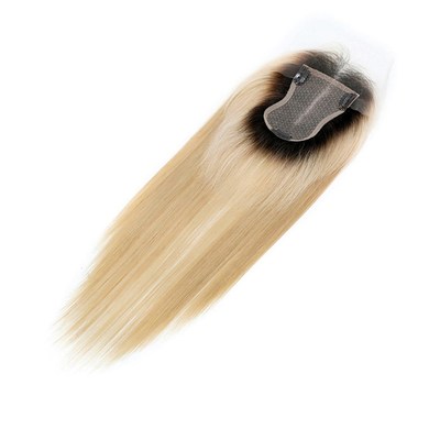 Básico de seda europeo de ceniza rubia recta clip en el cabello humano topper con encaje HD para mujeres