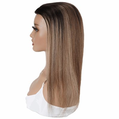 8-22 pulgadas de longitud de encaje atado a mano Frente y trama Hueca red marrón Balayage cabello humano