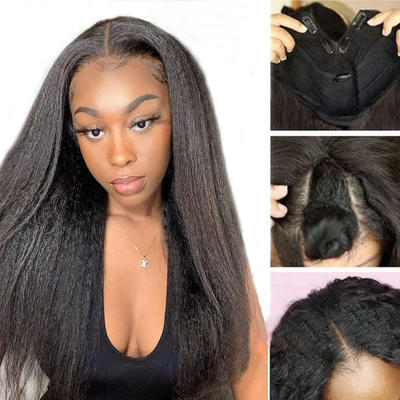 Pelucas longitud larga V parte sin pegamento afro kinky pelo humano recto peluca 250% densidad