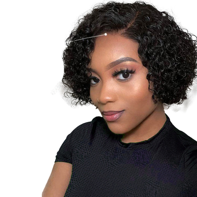Cabello humano brasileño cortado de brujas rizado Full HD encaje sin pegamento parte lateral peluca para mujeres